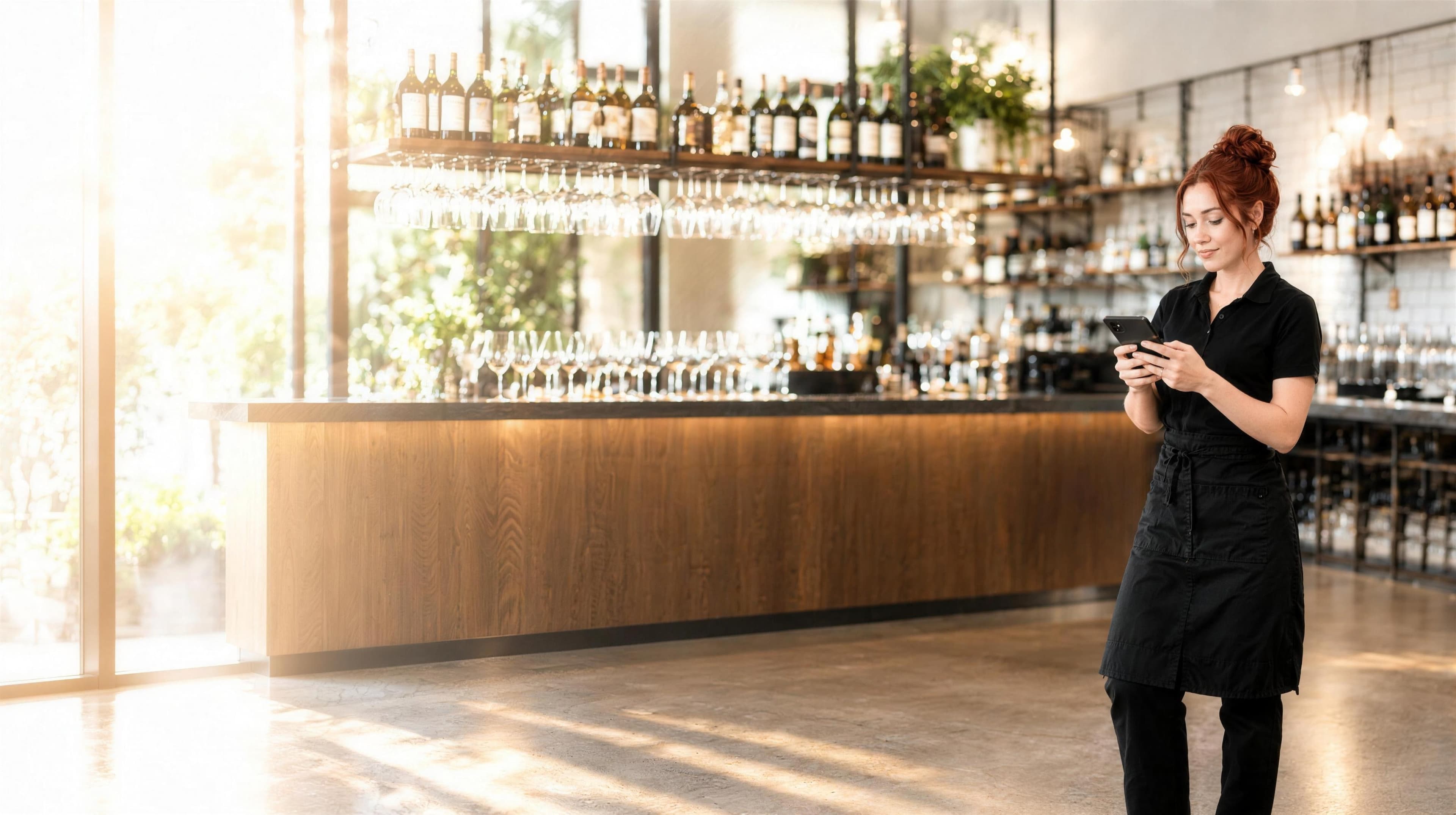 A restaurant server behind the bar, checking the wine glass rack and typing a request on her phone
